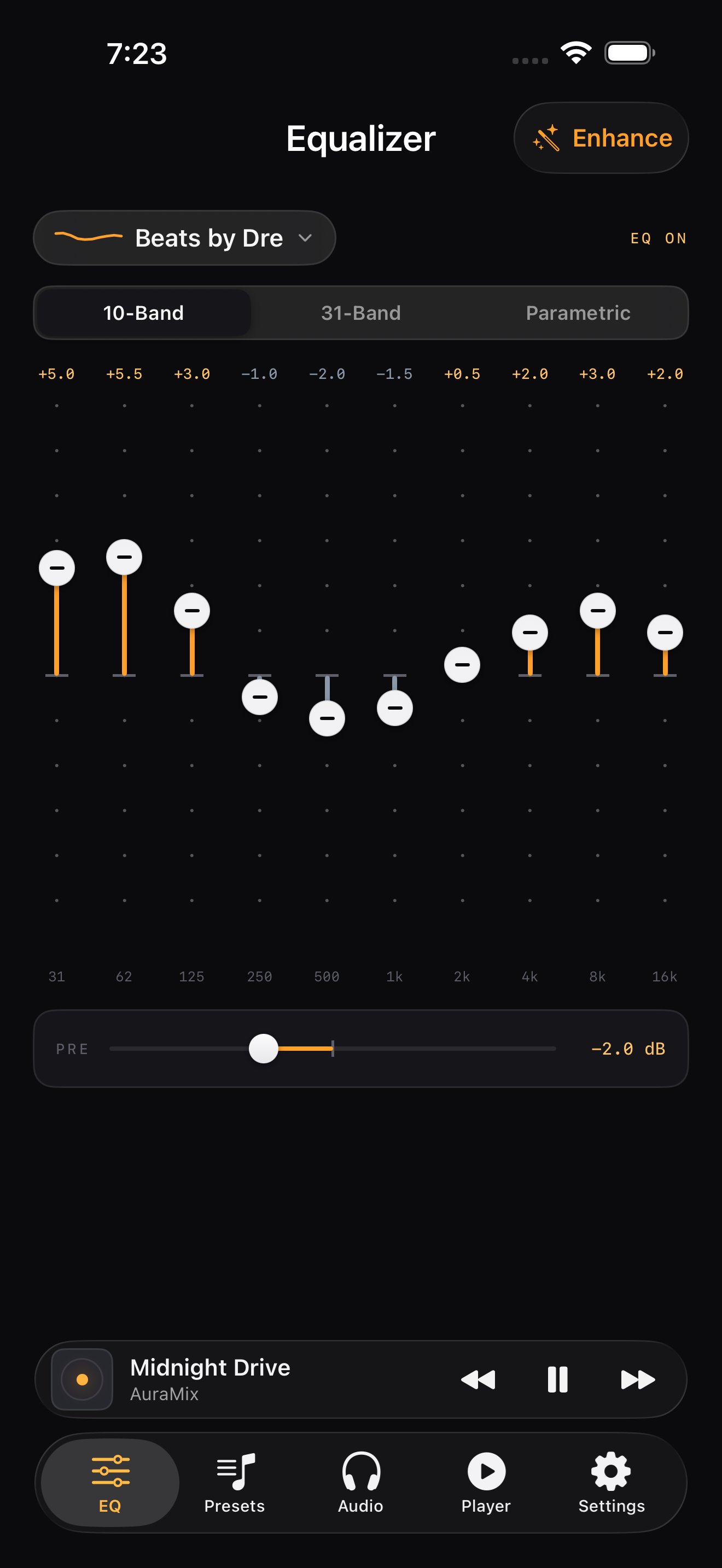 The AuraMix equalizer with the Beats by Dre preset applied and the mini player running