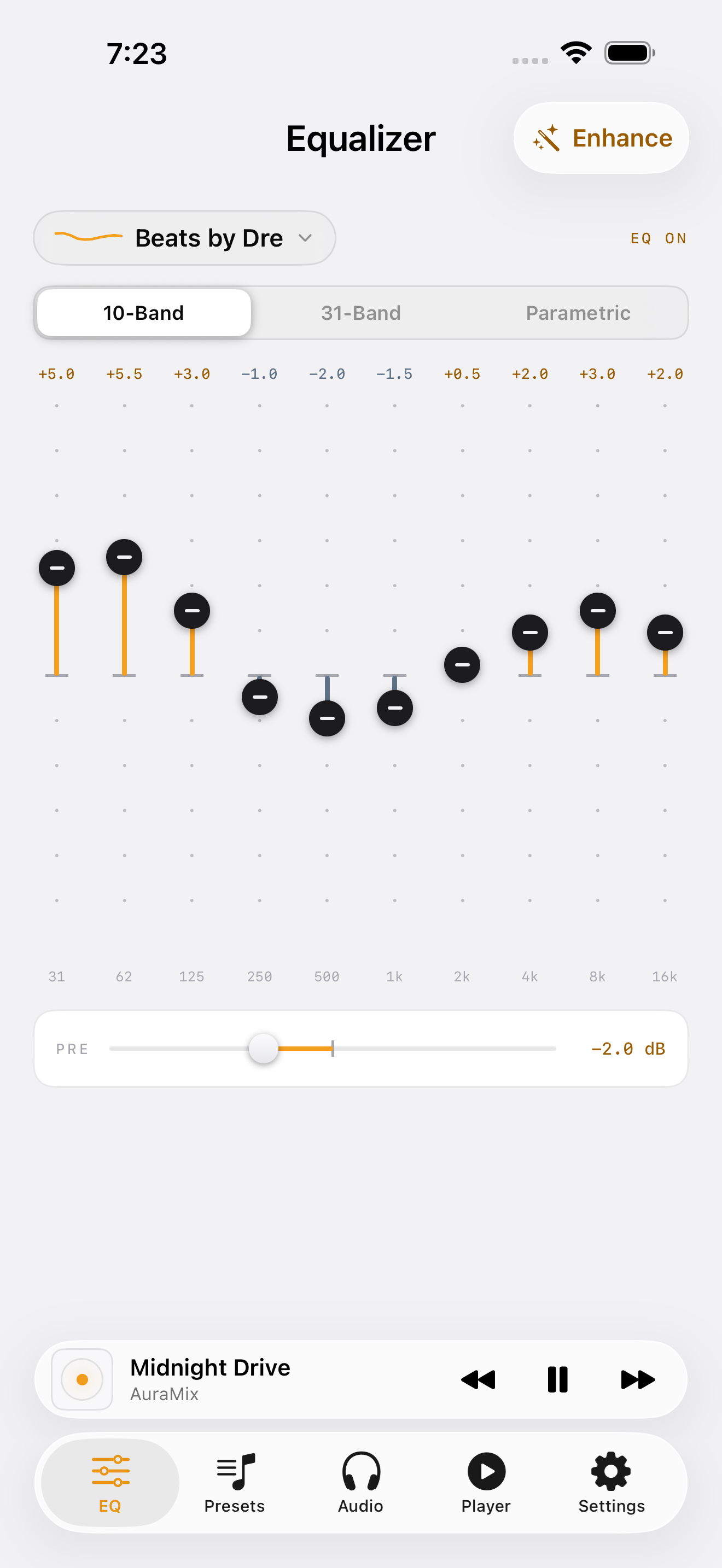 The AuraMix equalizer in light mode with the Beats by Dre preset applied and the mini player running
